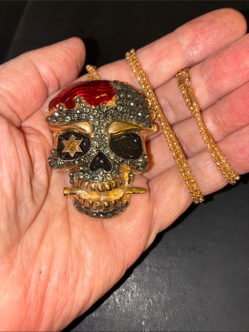 Striking Skull Pendant with Red Enamel Detail. Pave Crystals Encrusted on Skull